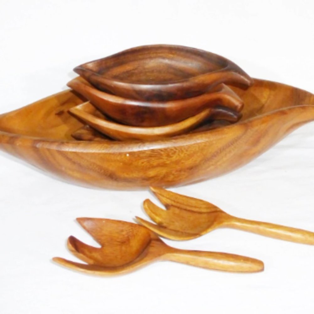 Vtg 1970's monkey pod hand carved large wood salad bowl set w/4 serving farm